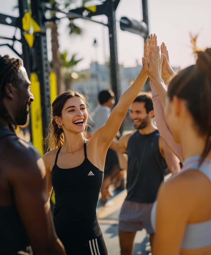 Group of people having fun working out together.