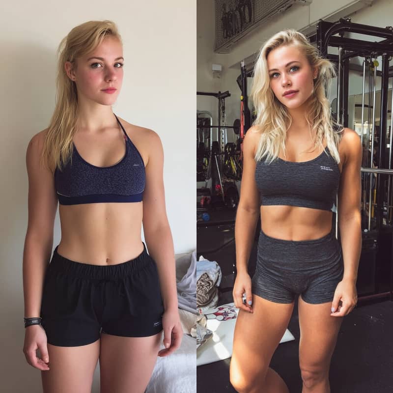 Taylor before and after transformation in gym.