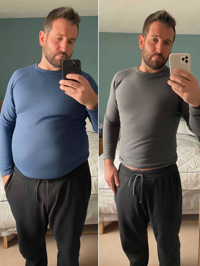 Daniel smiling and showing his new body.