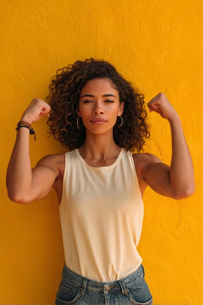 Tanya smiling and flexing her new lean body.